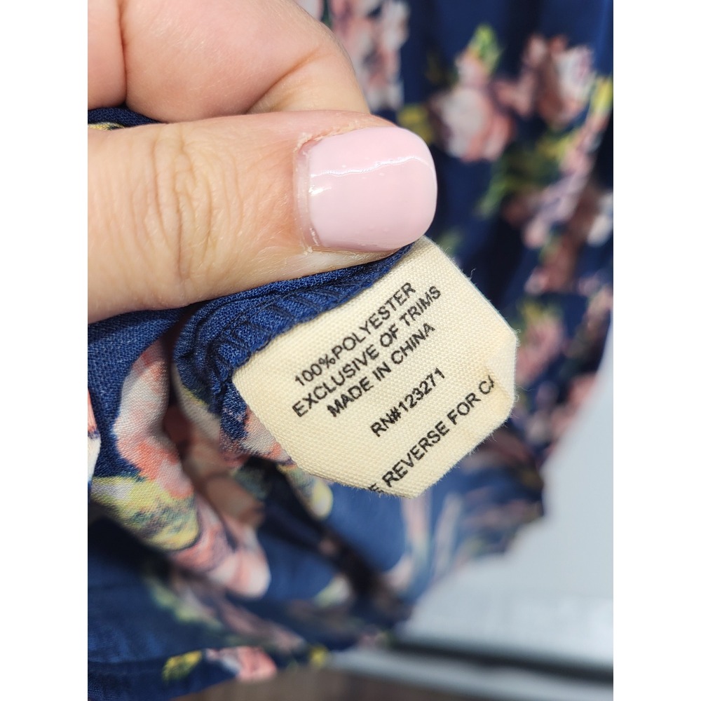 205 Collins Womens XL Navy Blue Floral Smocked Waist Ruffle Neck Mini Dress - Picture 5 of 6